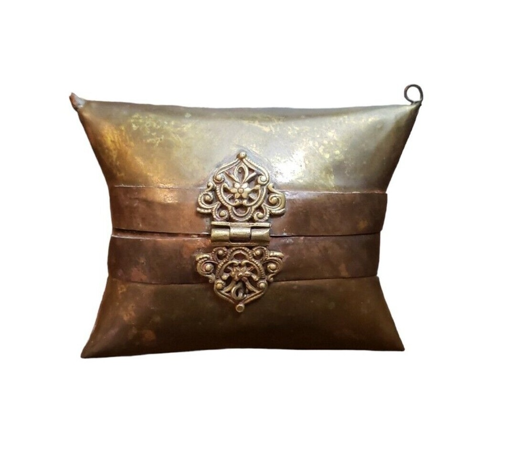 Vintage Pillow Purse Brass Copper Art Deco Handbag Clutch Blue Velvet Lining